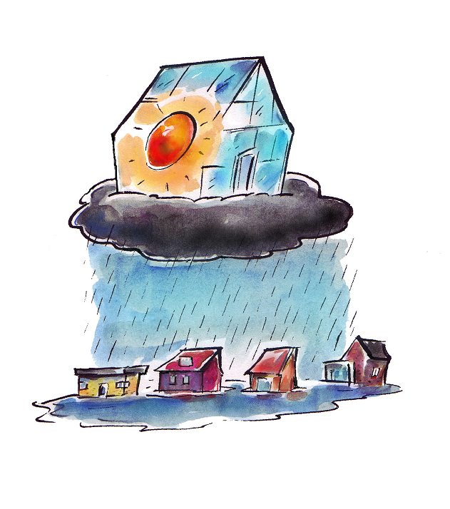 tegning af hus oven på en regnvandssky
